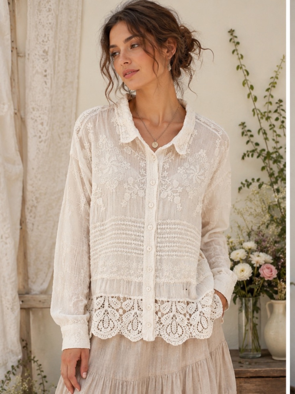 Dress Up Ivory Lace Button-Down Cotton Boho Romantic Cottagecore Top One Size